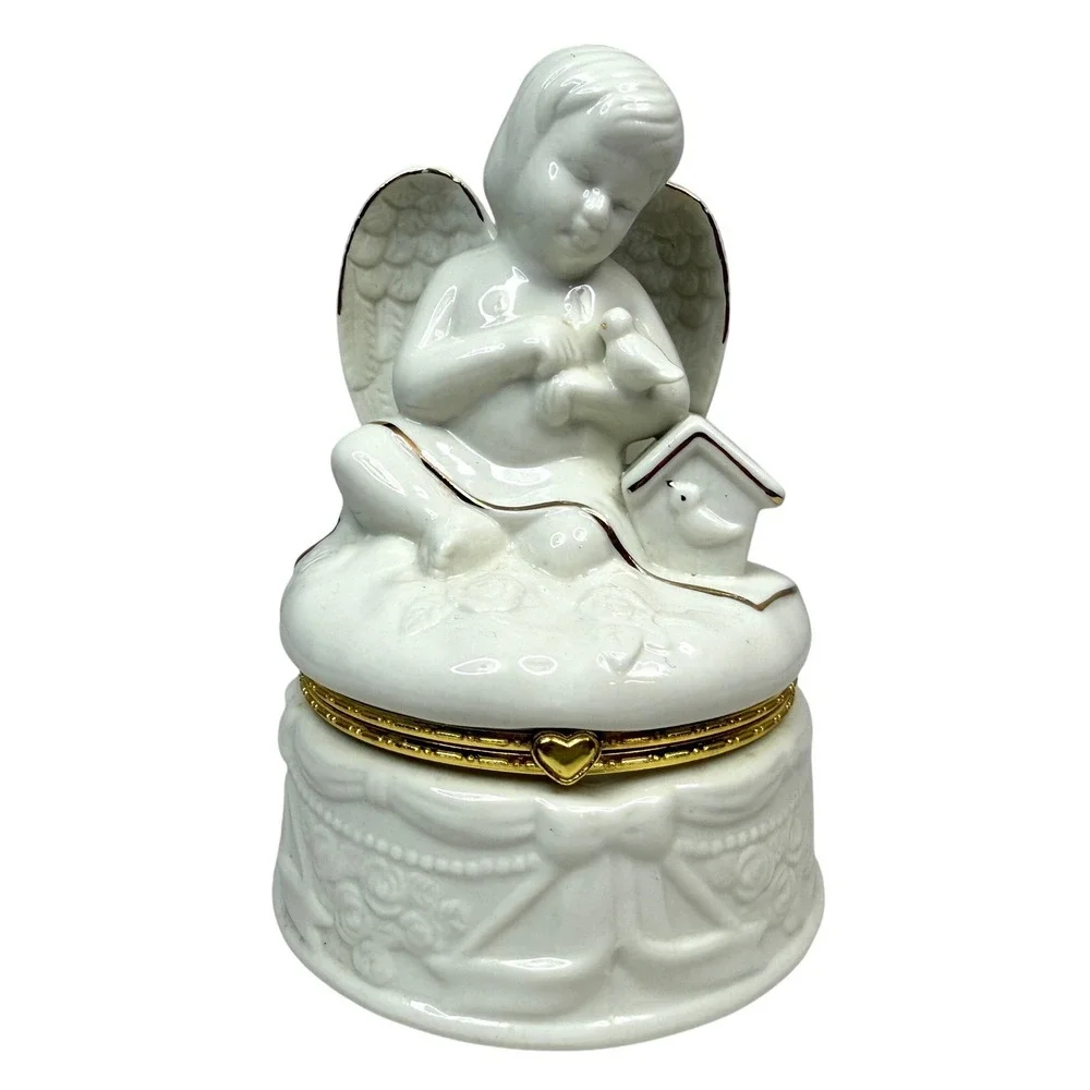 Porcelain Angel Trinket Jewelry Box Bath Salt Holder Gold Trim Bird 5in Wx7in H
